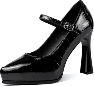 sarawill Women's Pointed Toe Mary Jane High Block Heels Fashion Crocodile Platform Pumps Evening Office Dressy High Heel Shoes for Ladies