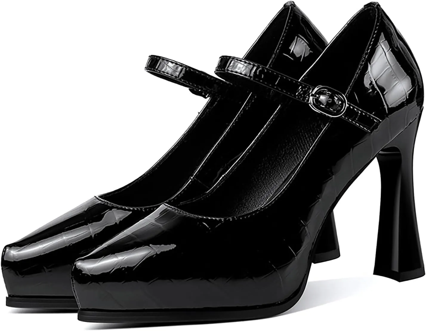 sarawill Women's Pointed Toe Mary Jane High Block Heels Fashion Crocodile Platform Pumps Evening Office Dressy High Heel Shoes for Ladies