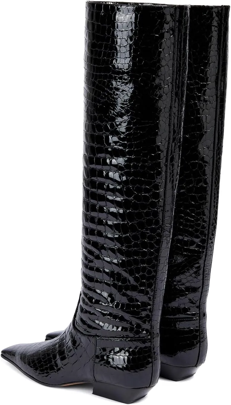 sarawill Women's Square Toe Low Chunky Heel Knee High Boots Wide Calf Fashion Crocodile Pull On Low Heel Fall Winter Dress Tall Boots for Women