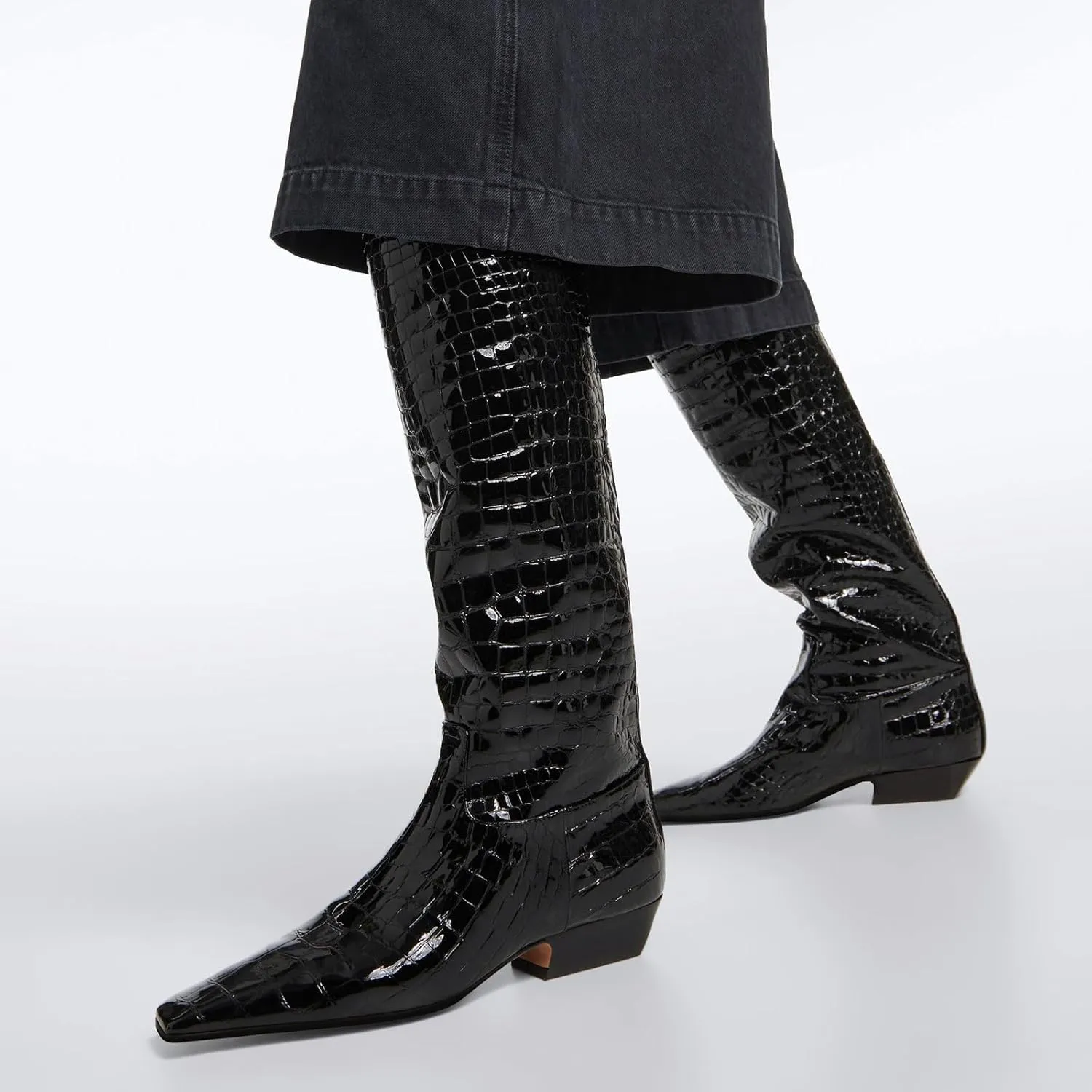 sarawill Women's Square Toe Low Chunky Heel Knee High Boots Wide Calf Fashion Crocodile Pull On Low Heel Fall Winter Dress Tall Boots for Women