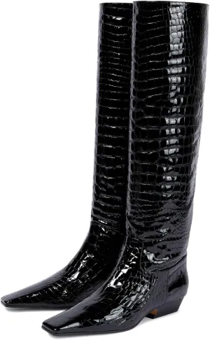 sarawill Women's Square Toe Low Chunky Heel Knee High Boots Wide Calf Fashion Crocodile Pull On Low Heel Fall Winter Dress Tall Boots for Women