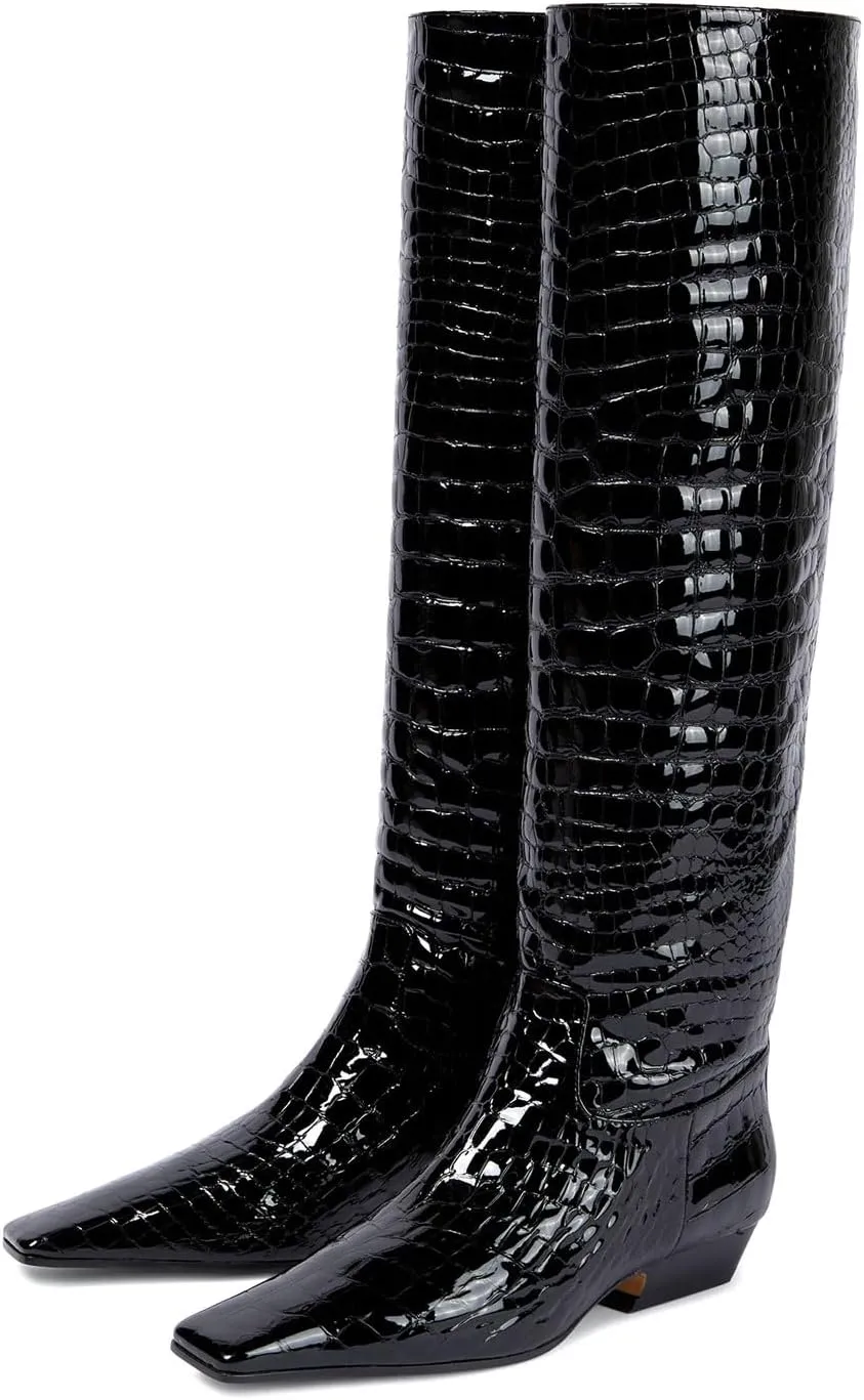sarawill Women's Square Toe Low Chunky Heel Knee High Boots Wide Calf Fashion Crocodile Pull On Low Heel Fall Winter Dress Tall Boots for Women