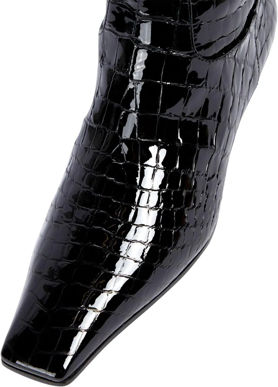 sarawill Women's Square Toe Low Chunky Heel Knee High Boots Wide Calf Fashion Crocodile Pull On Low Heel Fall Winter Dress Tall Boots for Women