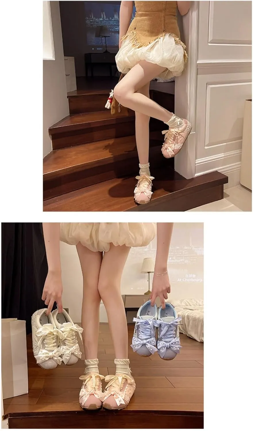 Satin Laces Sneakerina Bow Ballet Sneakers Women Girls Cute Y2K Retro Leather Round Toes Dress Shoes Chunky Sole Platform Breathable Tennis Sneakers Preppy Back to School Gifts Daughter Granddaughter