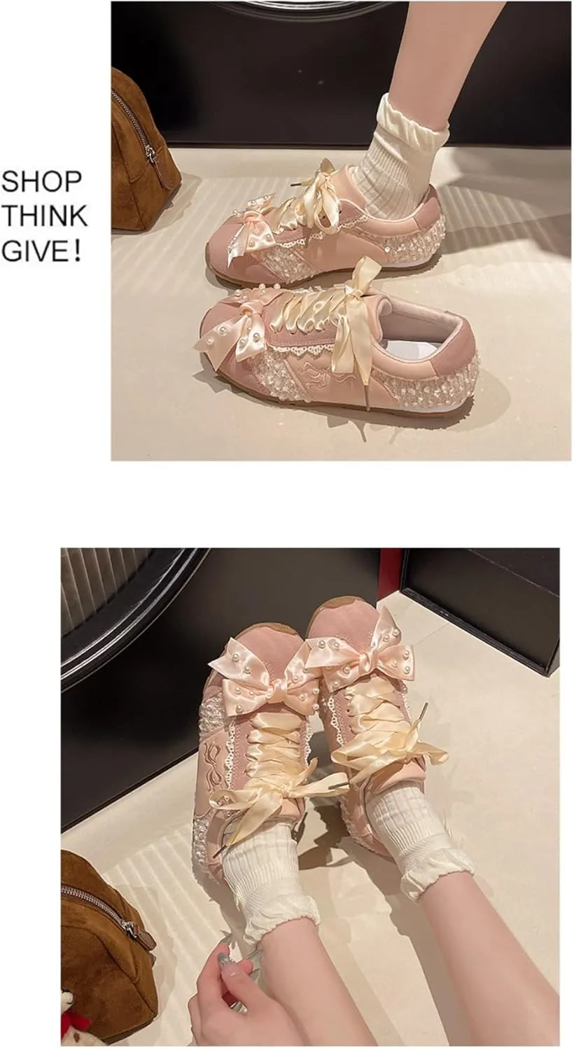 Satin Laces Sneakerina Bow Ballet Sneakers Women Girls Cute Y2K Retro Leather Round Toes Dress Shoes Chunky Sole Platform Breathable Tennis Sneakers Preppy Back to School Gifts Daughter Granddaughter