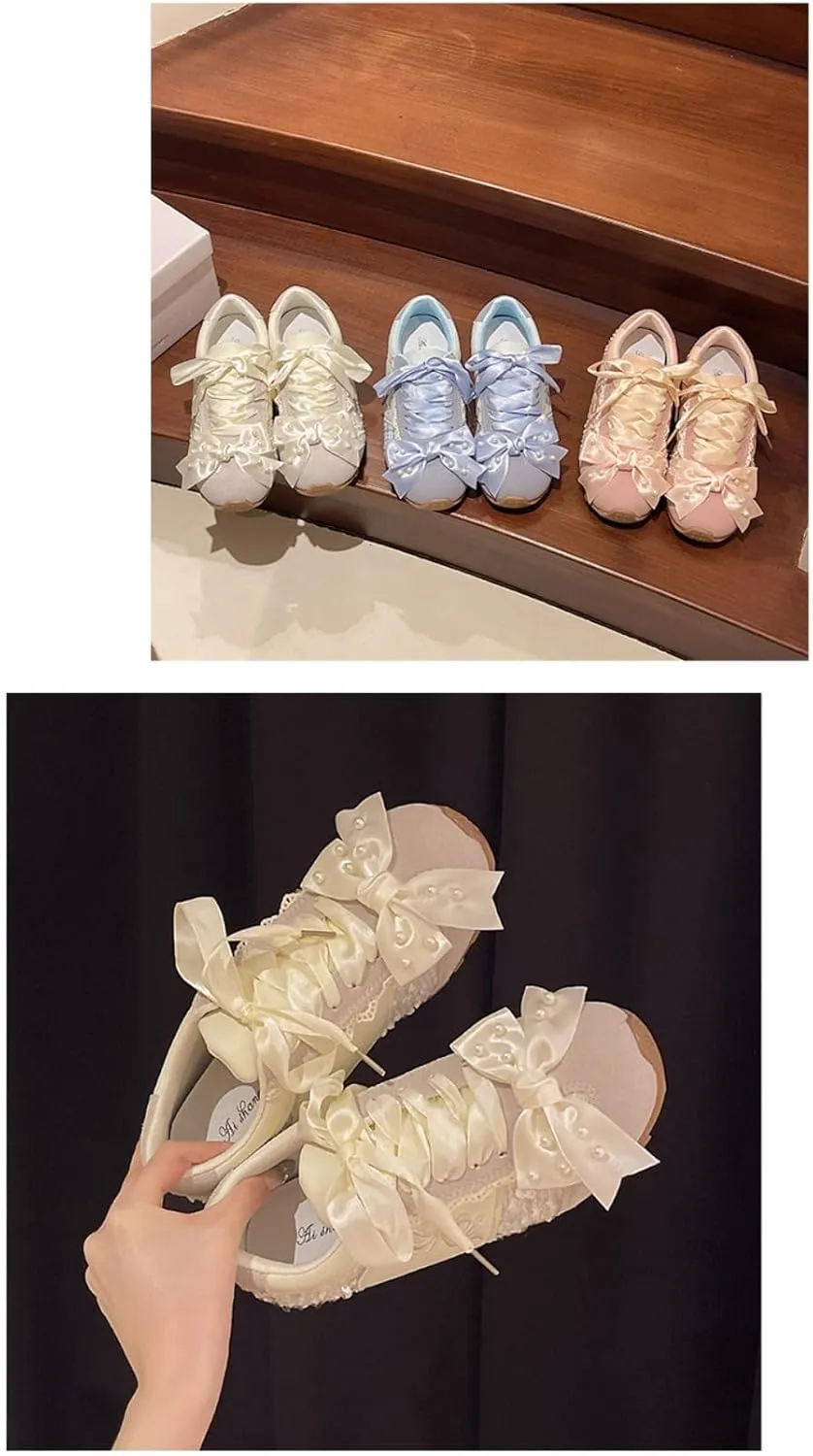 Satin Laces Sneakerina Bow Ballet Sneakers Women Girls Cute Y2K Retro Leather Round Toes Dress Shoes Chunky Sole Platform Breathable Tennis Sneakers Preppy Back to School Gifts Daughter Granddaughter