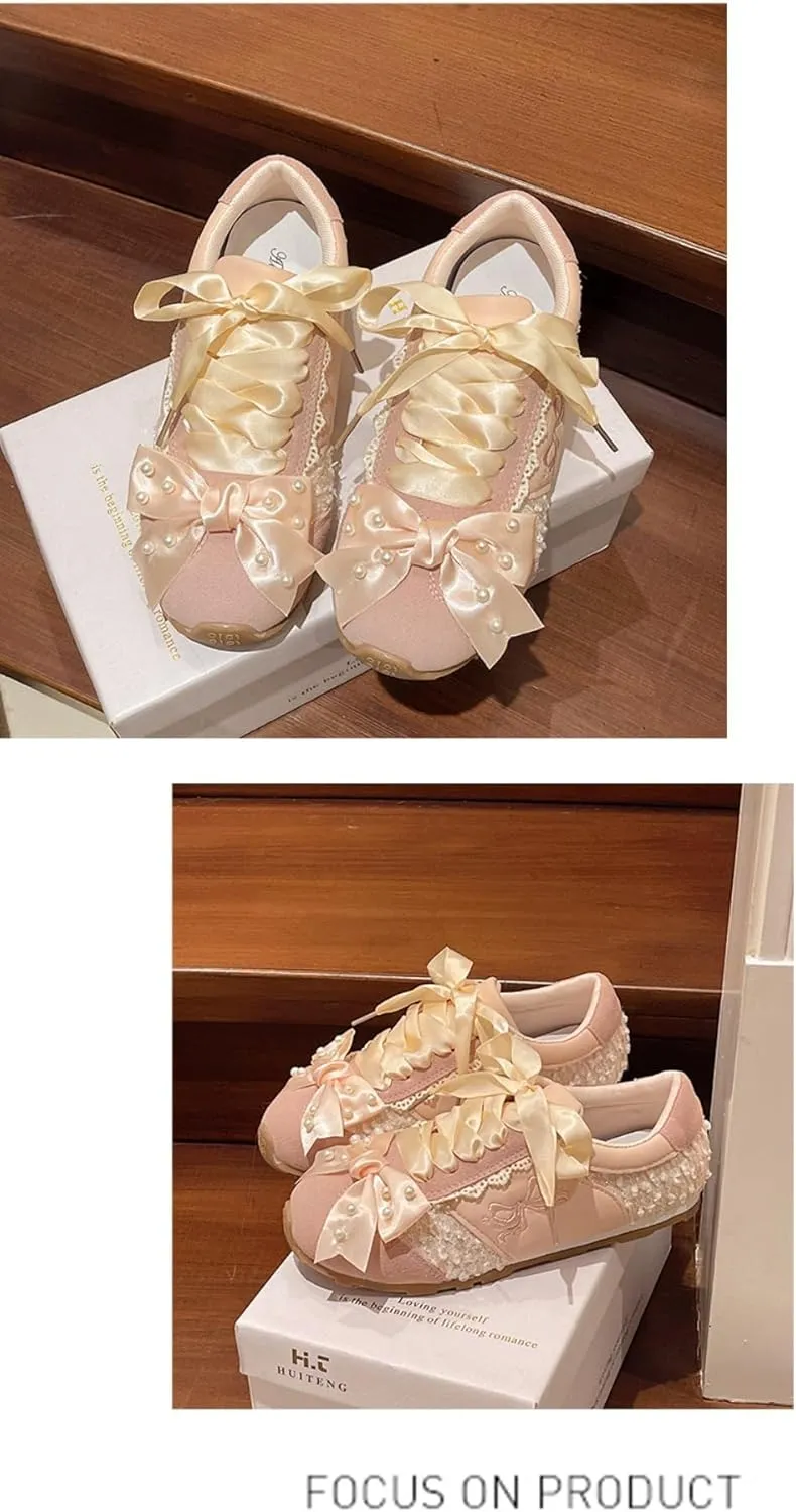 Satin Laces Sneakerina Bow Ballet Sneakers Women Girls Cute Y2K Retro Leather Round Toes Dress Shoes Chunky Sole Platform Breathable Tennis Sneakers Preppy Back to School Gifts Daughter Granddaughter