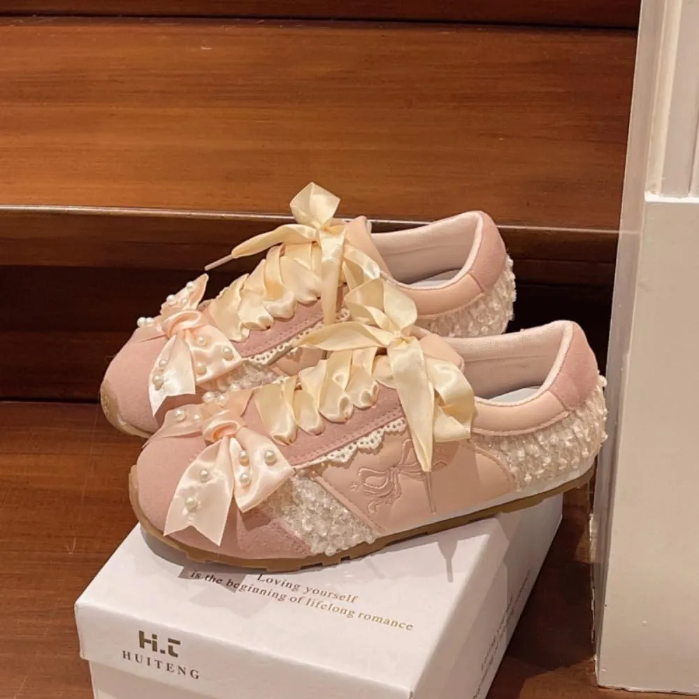 Satin Laces Sneakerina Bow Ballet Sneakers Women Girls Cute Y2K Retro Leather Round Toes Dress Shoes Chunky Sole Platform Breathable Tennis Sneakers Preppy Back to School Gifts Daughter Granddaughter