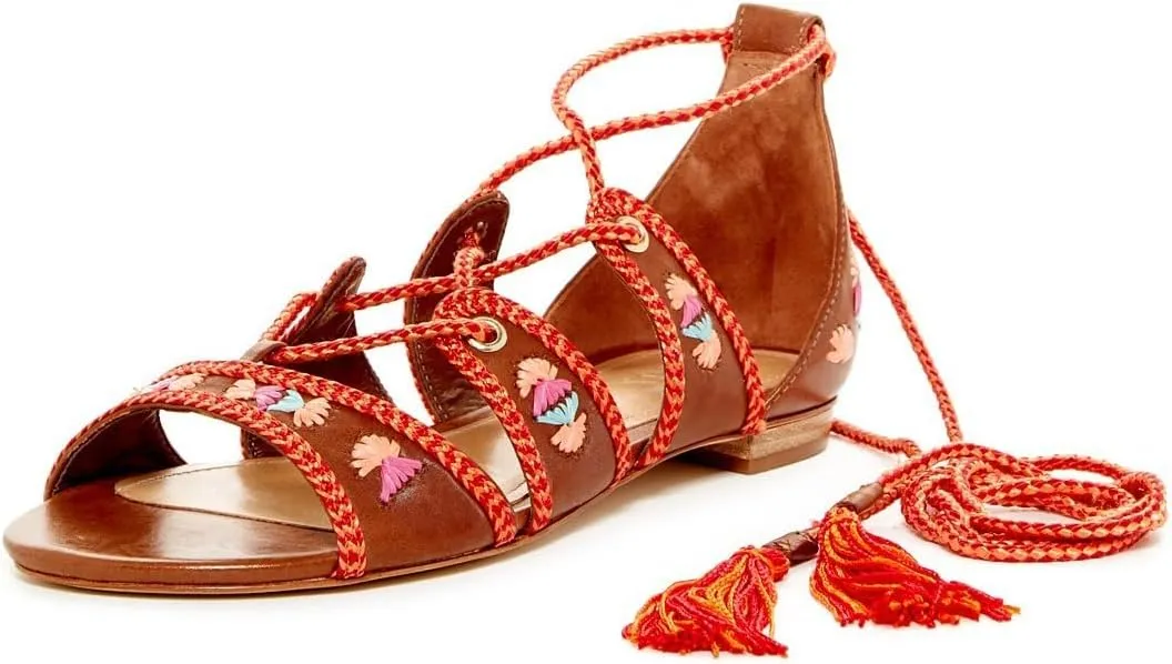 SCHUTZ Sandal Saddle Brown Leather Gladiator Open Toe Wrap Up Flat Sandals