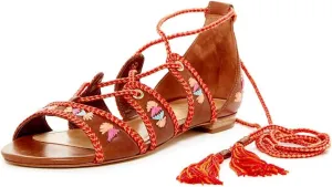 SCHUTZ Sandal Saddle Brown Leather Gladiator Open Toe Wrap Up Flat Sandals