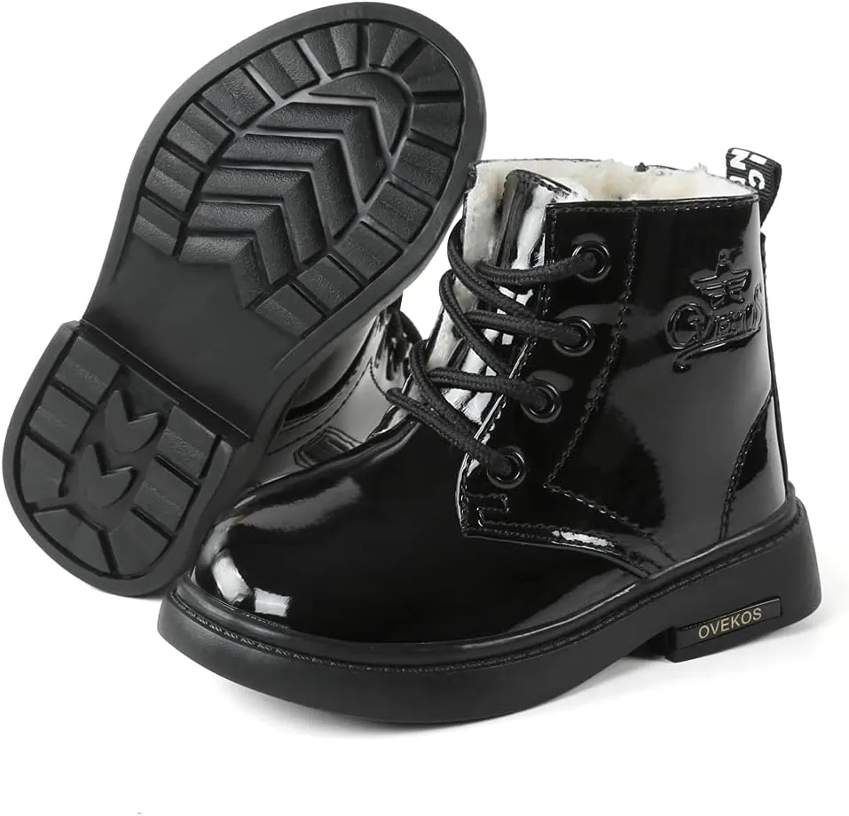 seticeo Boys Girls Side Zipper Ankle Boots Lace Up Waterproof Combat Boot Winter Low Heel Faux Fur Lined Snow Boots (Toddler/Little Kids/Big Kids)