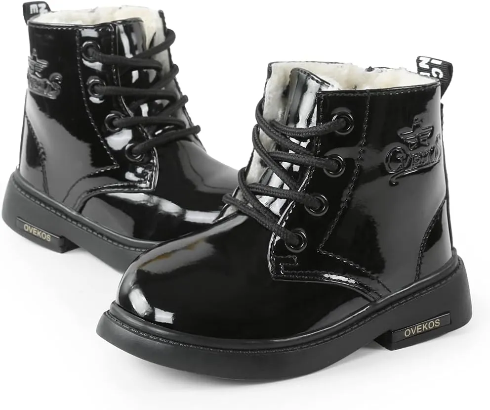seticeo Boys Girls Side Zipper Ankle Boots Lace Up Waterproof Combat Boot Winter Low Heel Faux Fur Lined Snow Boots (Toddler/Little Kids/Big Kids)