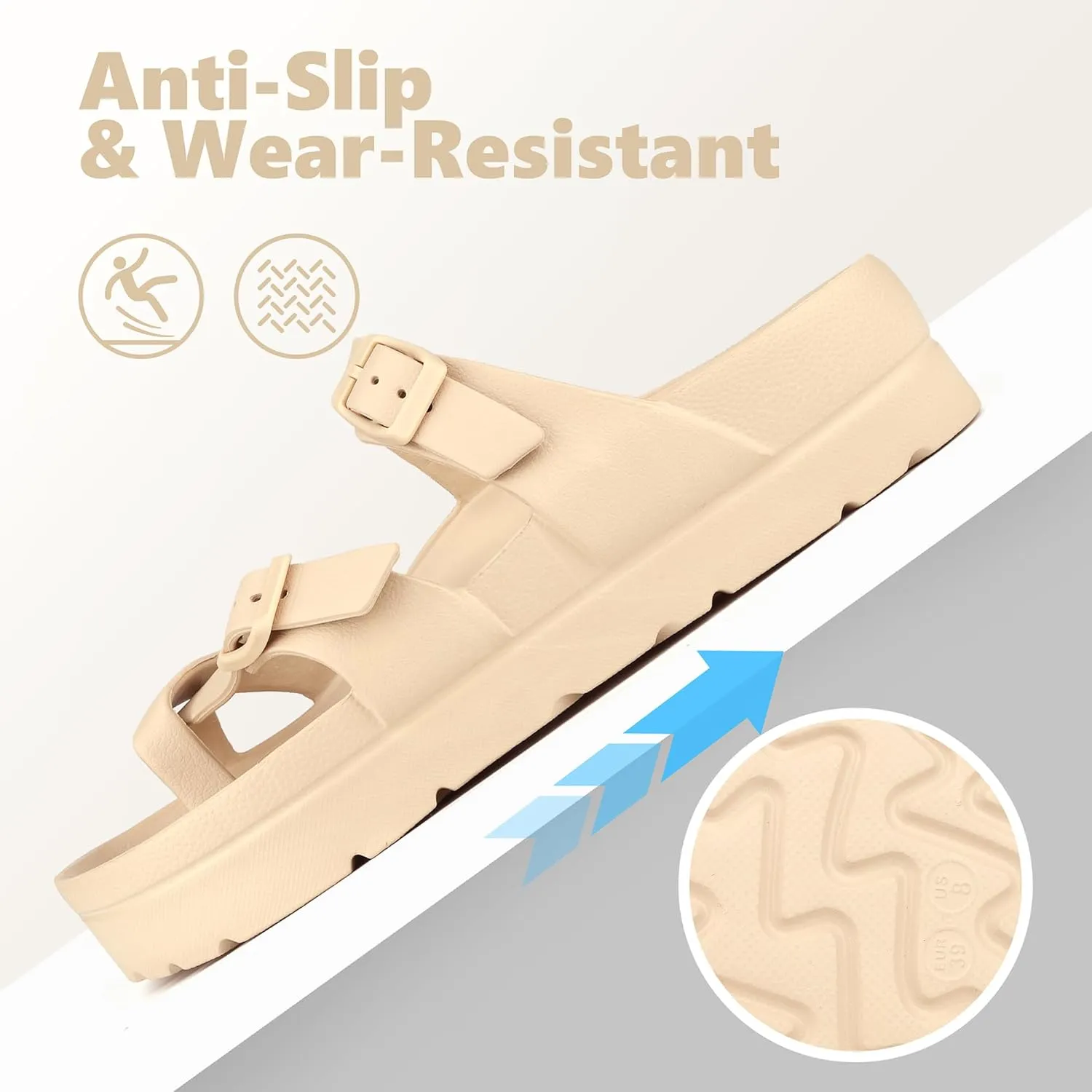 seticeo Women's Platform Flip Flops Sandals with Arch Support, Adjustable Double Buckle Slip on Slides, Summer Lightweight Beach Eva Cushion Flat Sandals
