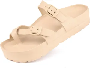 seticeo Women's Platform Flip Flops Sandals with Arch Support, Adjustable Double Buckle Slip on Slides, Summer Lightweight Beach Eva Cushion Flat Sandals