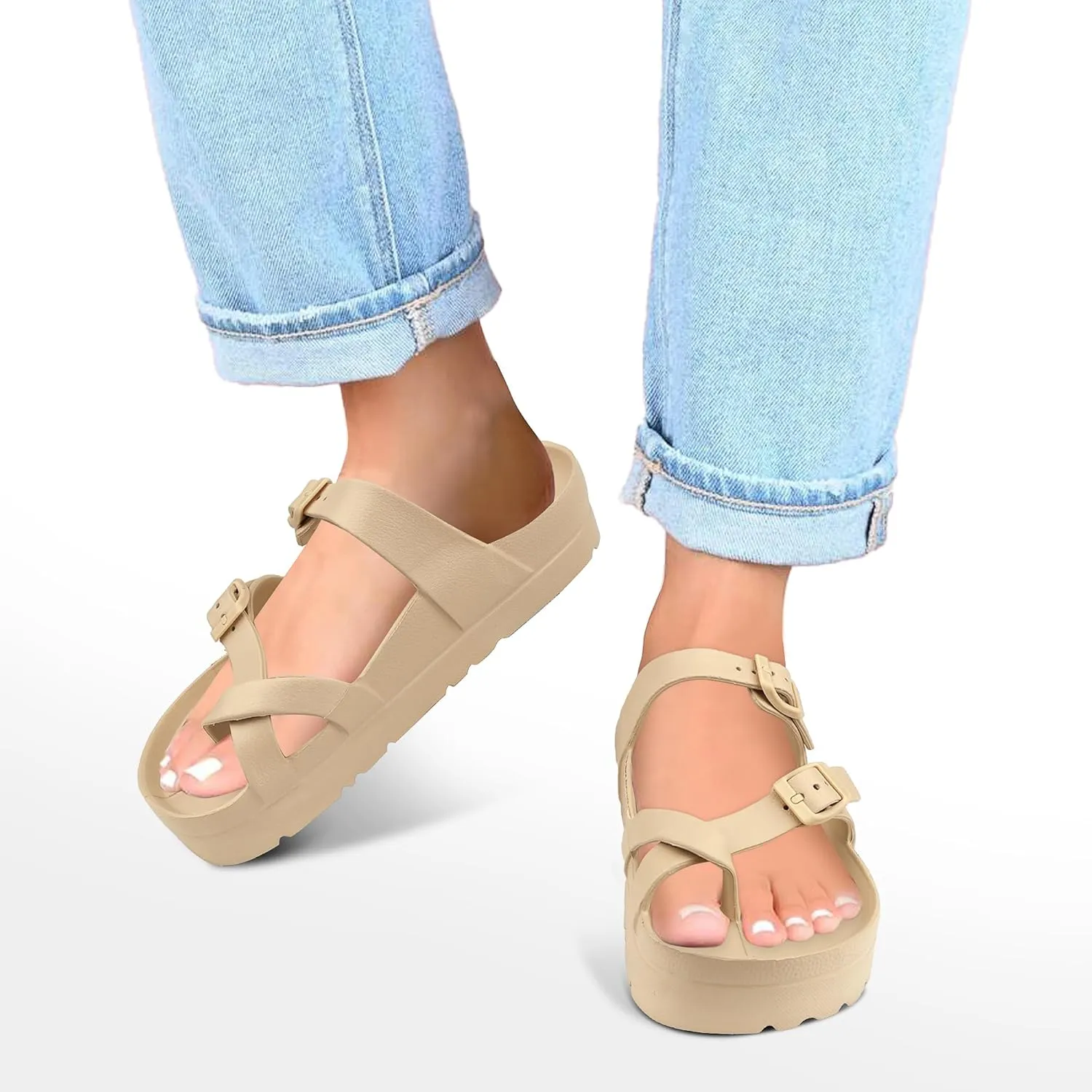 seticeo Women's Platform Flip Flops Sandals with Arch Support, Adjustable Double Buckle Slip on Slides, Summer Lightweight Beach Eva Cushion Flat Sandals