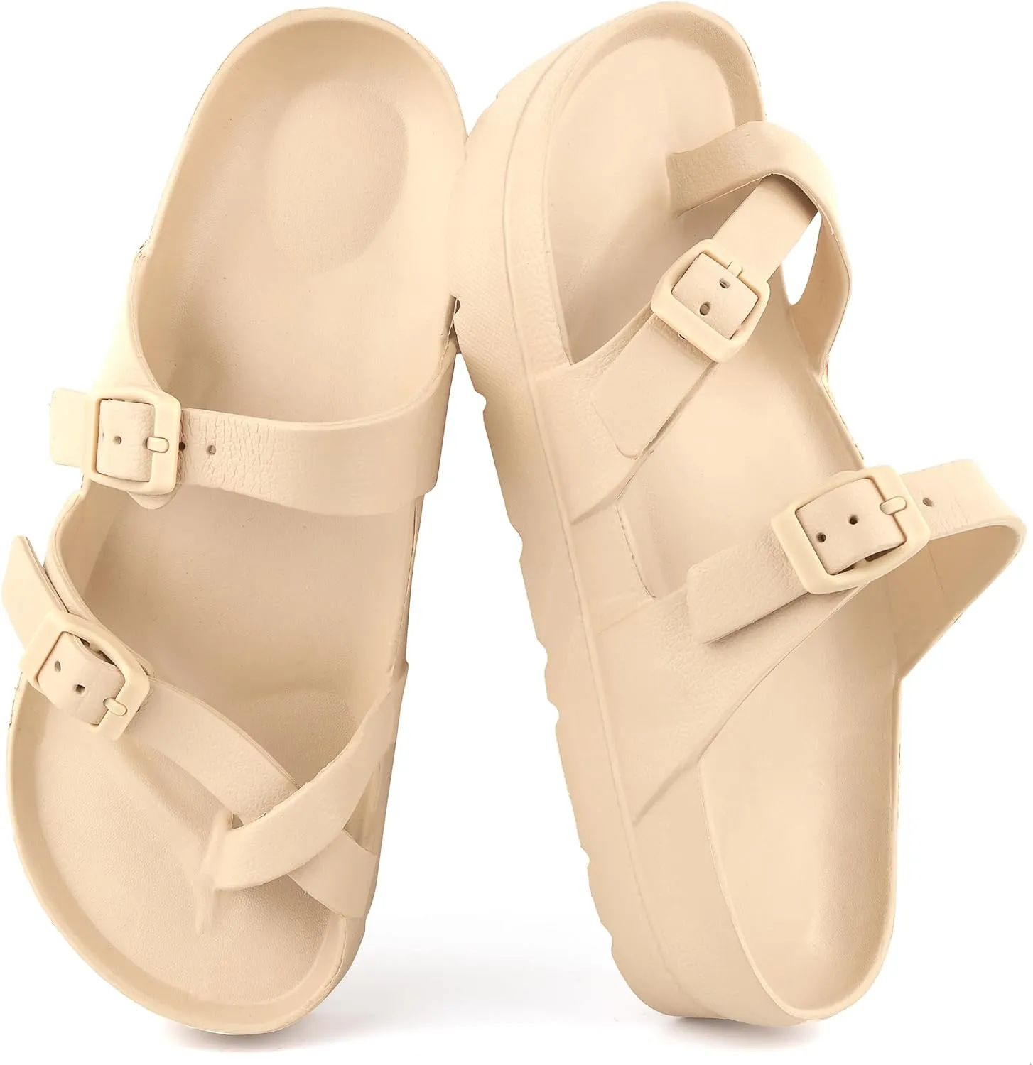 seticeo Women's Platform Flip Flops Sandals with Arch Support, Adjustable Double Buckle Slip on Slides, Summer Lightweight Beach Eva Cushion Flat Sandals