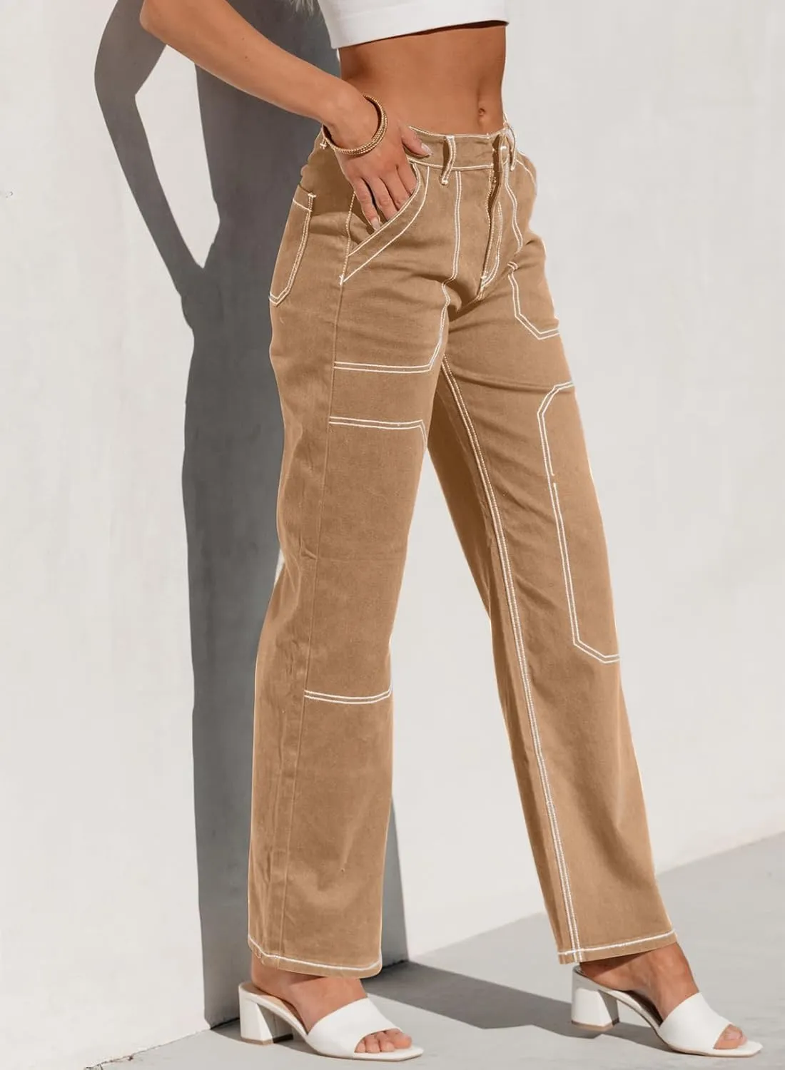 Sidefeel Women's Cargo Jeans Casual Loose Mid Rise Wide Leg Denim Pants