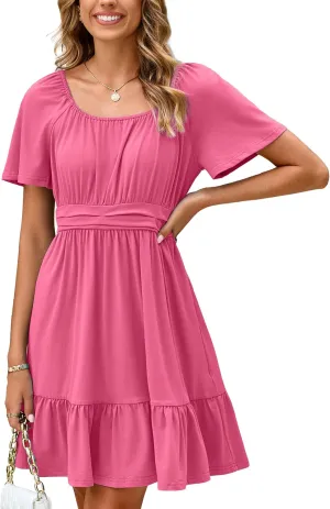 Simplee Womens Summer Dresses 2025 Mini Square Neck Casual Short Sleeve Shirred Flowy A-Line Dress with Pockets