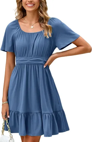 Simplee Womens Summer Dresses 2025 Mini Square Neck Casual Short Sleeve Shirred Flowy A-Line Dress with Pockets
