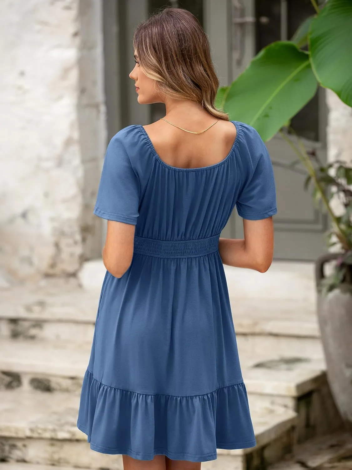 Simplee Womens Summer Dresses 2025 Mini Square Neck Casual Short Sleeve Shirred Flowy A-Line Dress with Pockets