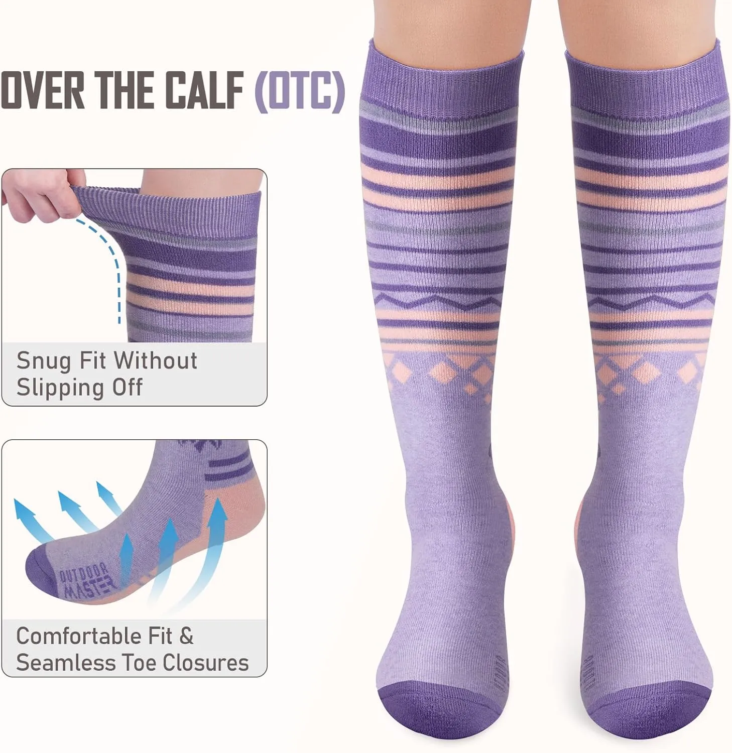 Ski Socks 2-Pack Merino Wool, Over The Calf Non-Slip Cuff for Men & Women