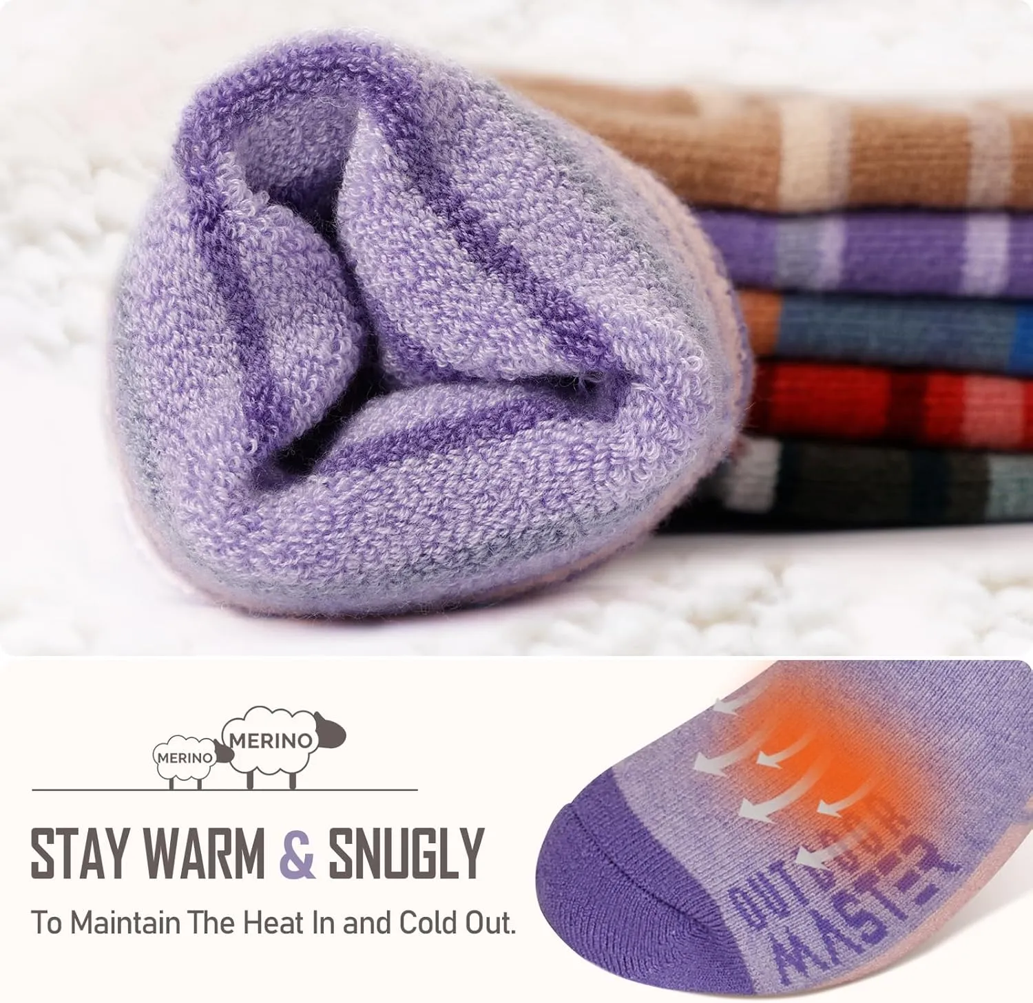 Ski Socks 2-Pack Merino Wool, Over The Calf Non-Slip Cuff for Men & Women