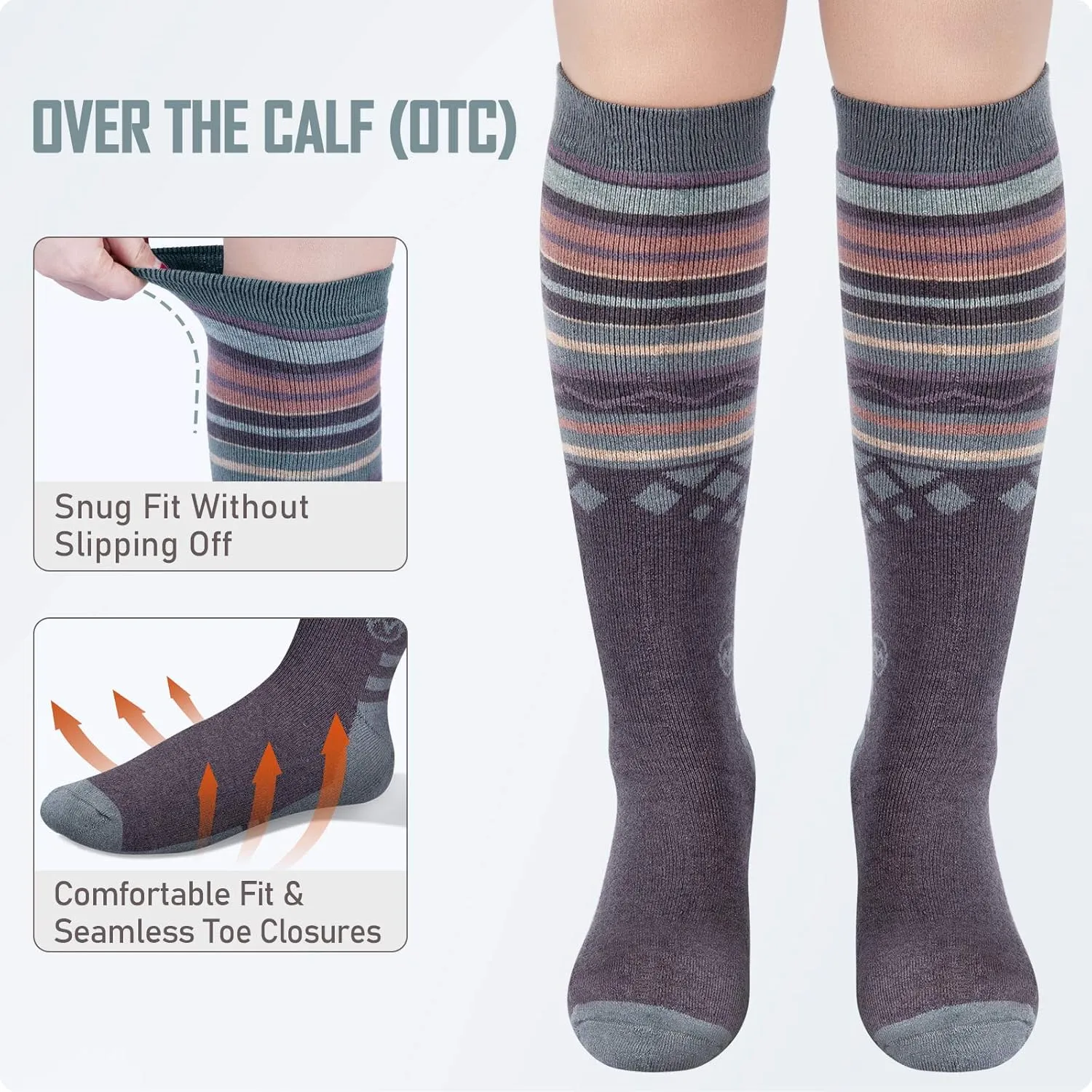 Ski Socks 2-Pack Merino Wool, Over The Calf Non-Slip Cuff for Men & Women