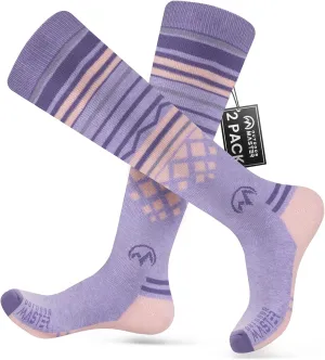 Ski Socks 2-Pack Merino Wool, Over The Calf Non-Slip Cuff for Men & Women