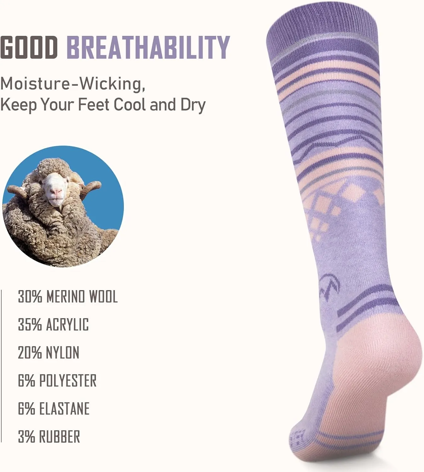 Ski Socks 2-Pack Merino Wool, Over The Calf Non-Slip Cuff for Men & Women