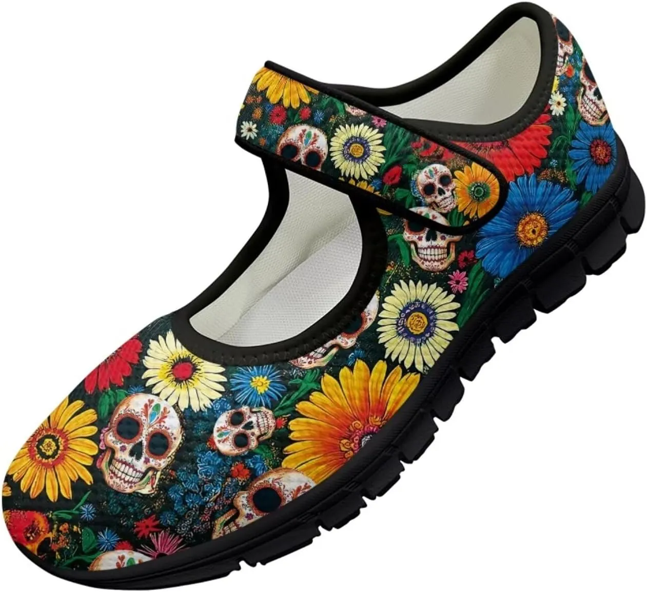Skull Print Women's Mary Jane Shoes Slip Ons Breathable Cozy Shoes for Daily
