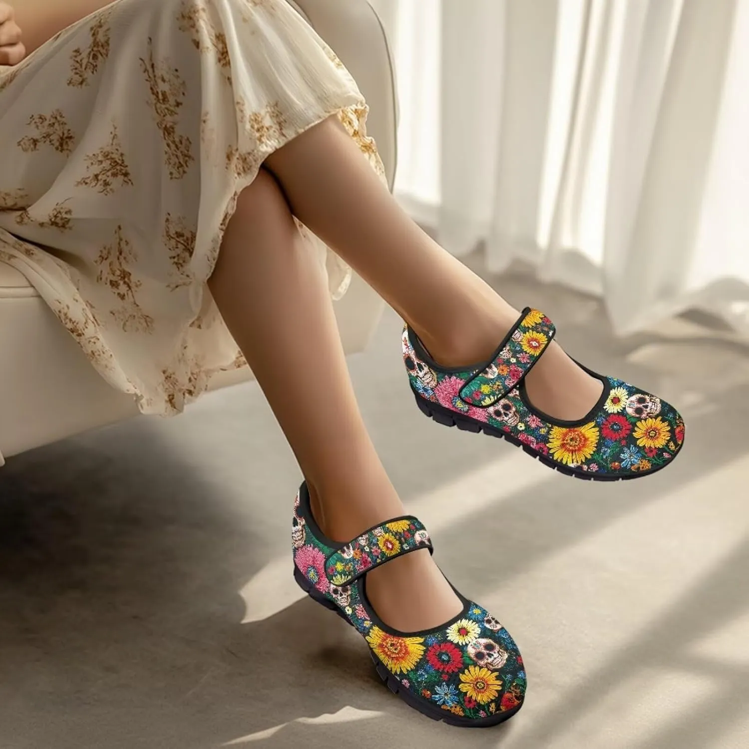 Skull Print Women's Mary Jane Shoes Slip Ons Breathable Cozy Shoes for Daily