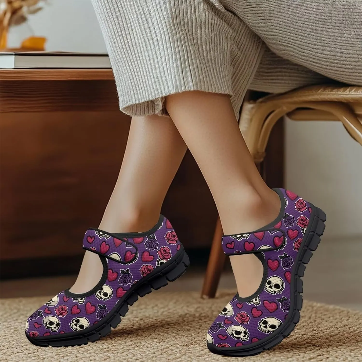 Skull Print Women's Mary Jane Shoes Slip Ons Breathable Cozy Shoes for Daily