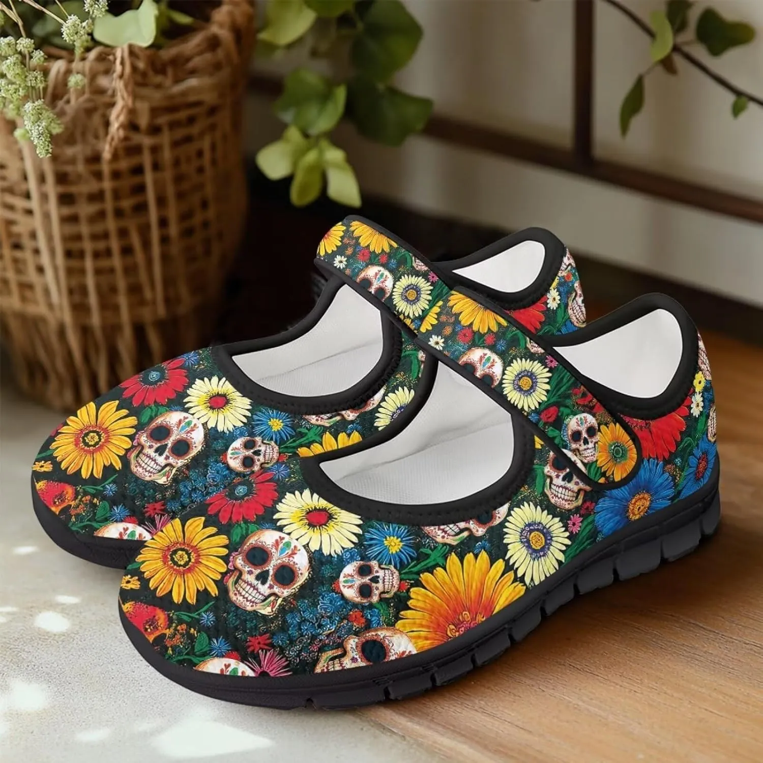 Skull Print Women's Mary Jane Shoes Slip Ons Breathable Cozy Shoes for Daily
