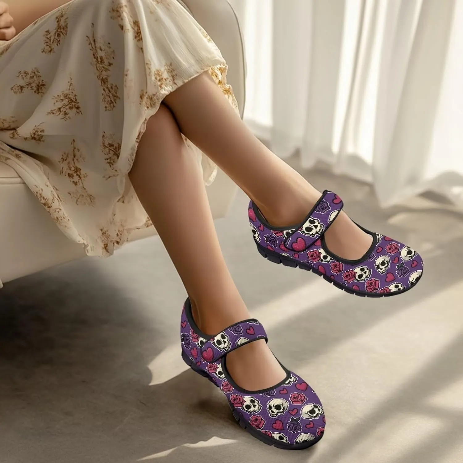 Skull Print Women's Mary Jane Shoes Slip Ons Breathable Cozy Shoes for Daily