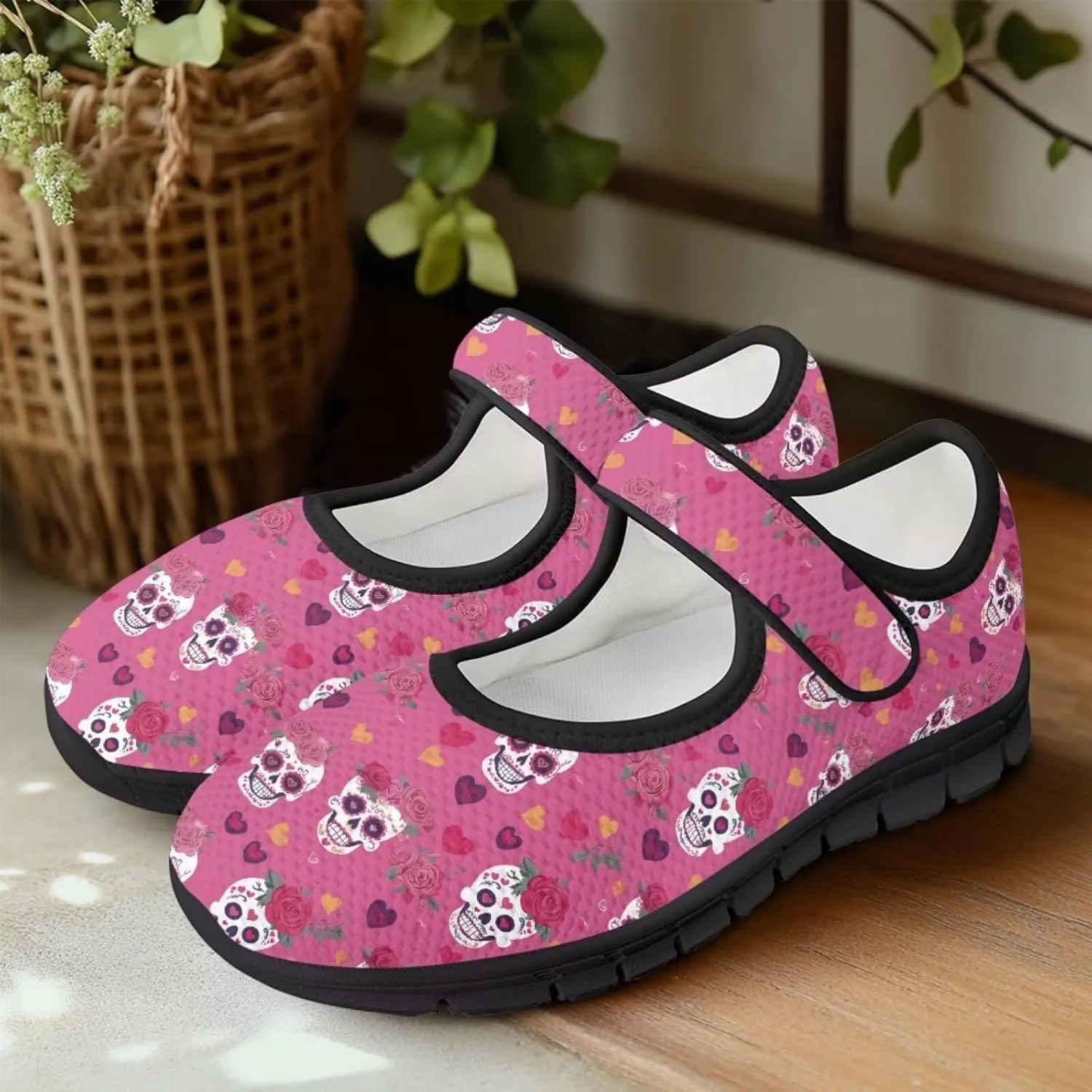 Skull Print Women's Mary Jane Shoes Slip Ons Breathable Cozy Shoes for Daily