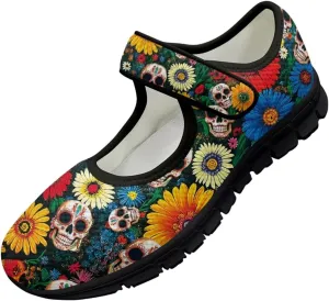 Skull Print Women's Mary Jane Shoes Slip Ons Breathable Cozy Shoes for Daily