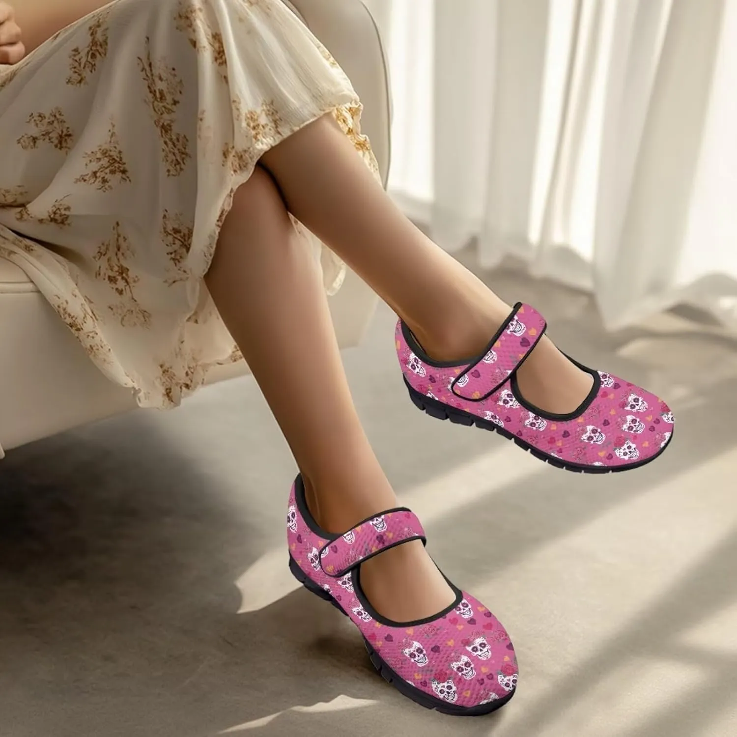 Skull Print Women's Mary Jane Shoes Slip Ons Breathable Cozy Shoes for Daily