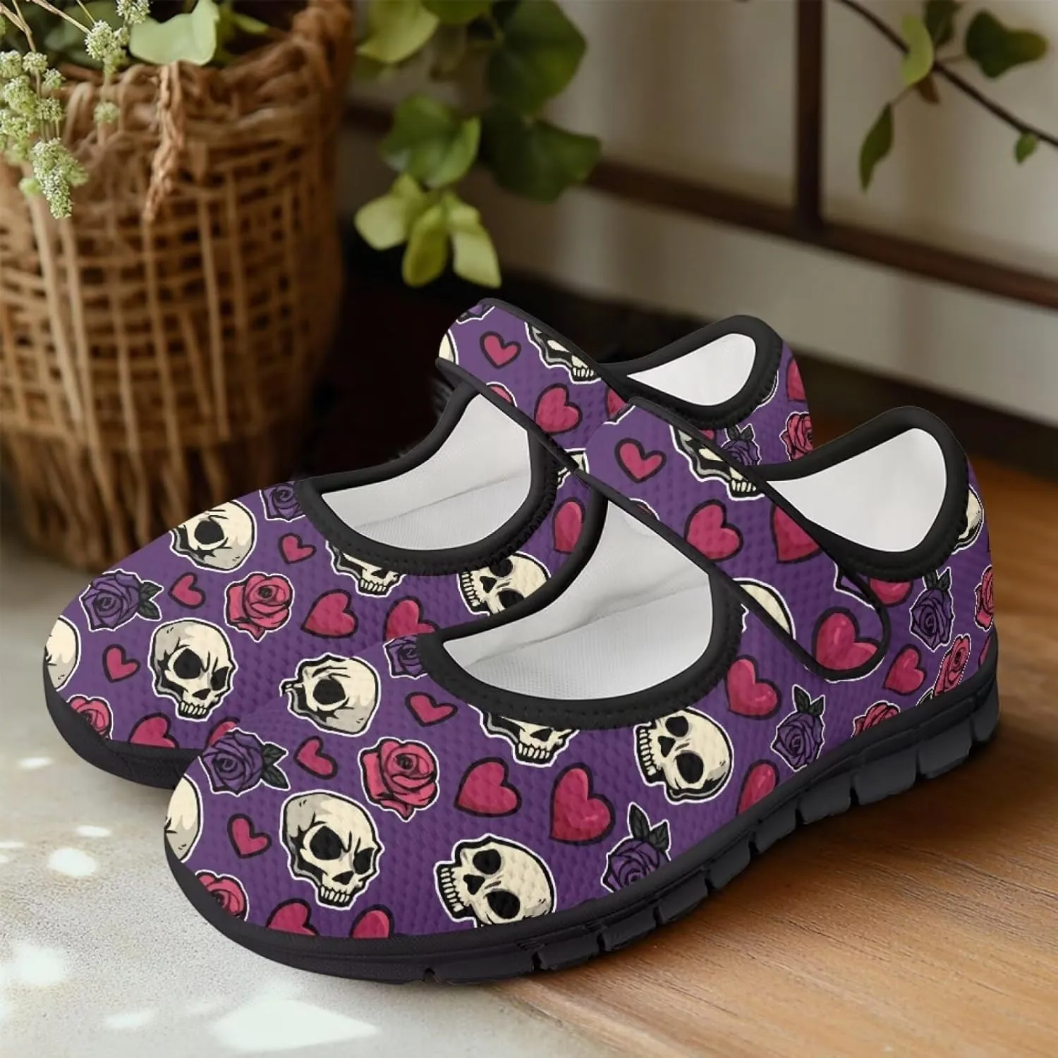 Skull Print Women's Mary Jane Shoes Slip Ons Breathable Cozy Shoes for Daily