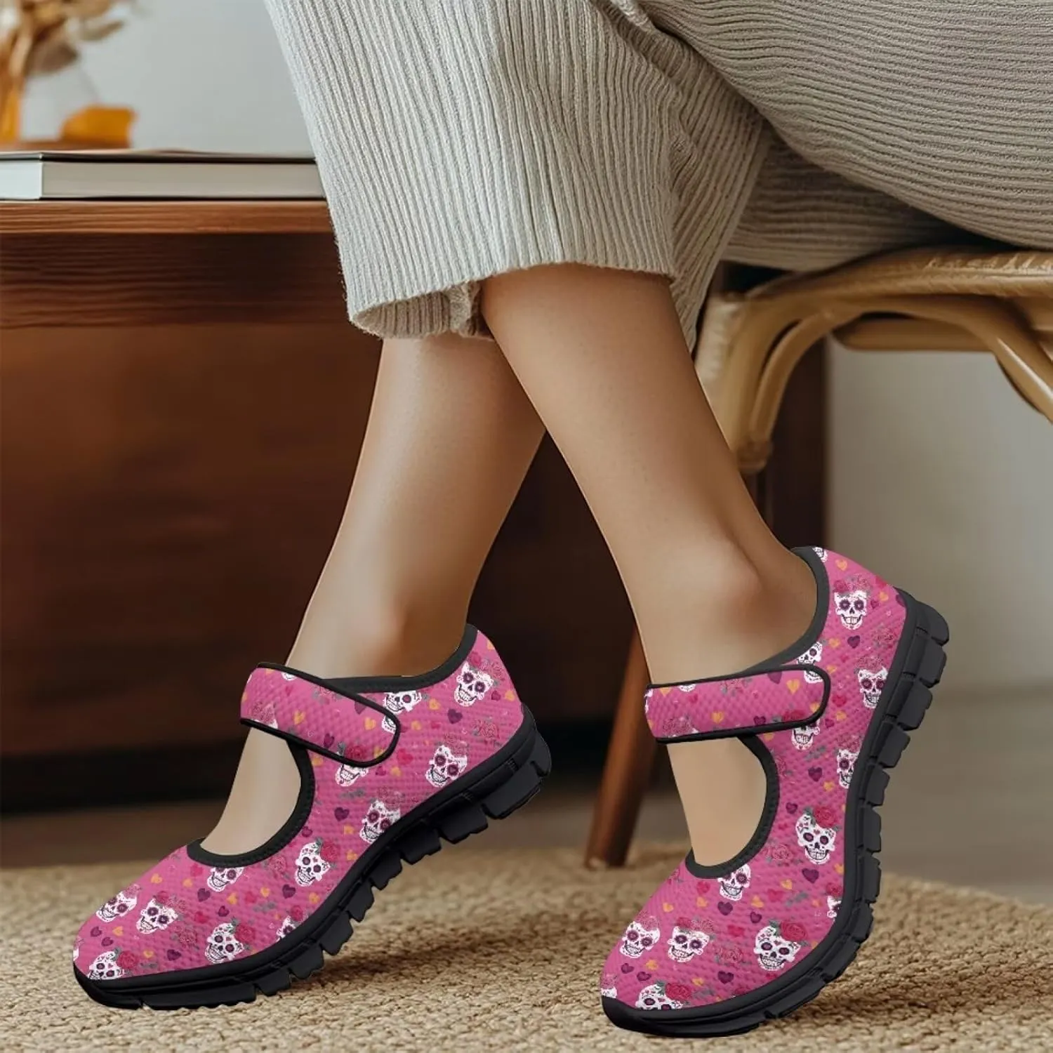 Skull Print Women's Mary Jane Shoes Slip Ons Breathable Cozy Shoes for Daily