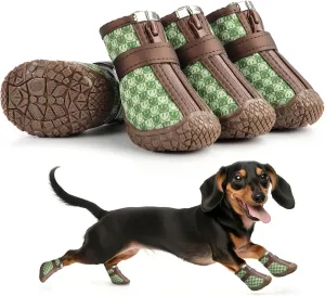 Small Dog Shoes, Waterproof Puppy Boots & Paw Protectors for Winter Snow, Summer Hot Pavement, Dog Booties with Anti-Slip Rubber Soles for Hardwood Floors Green & Brown Size 5