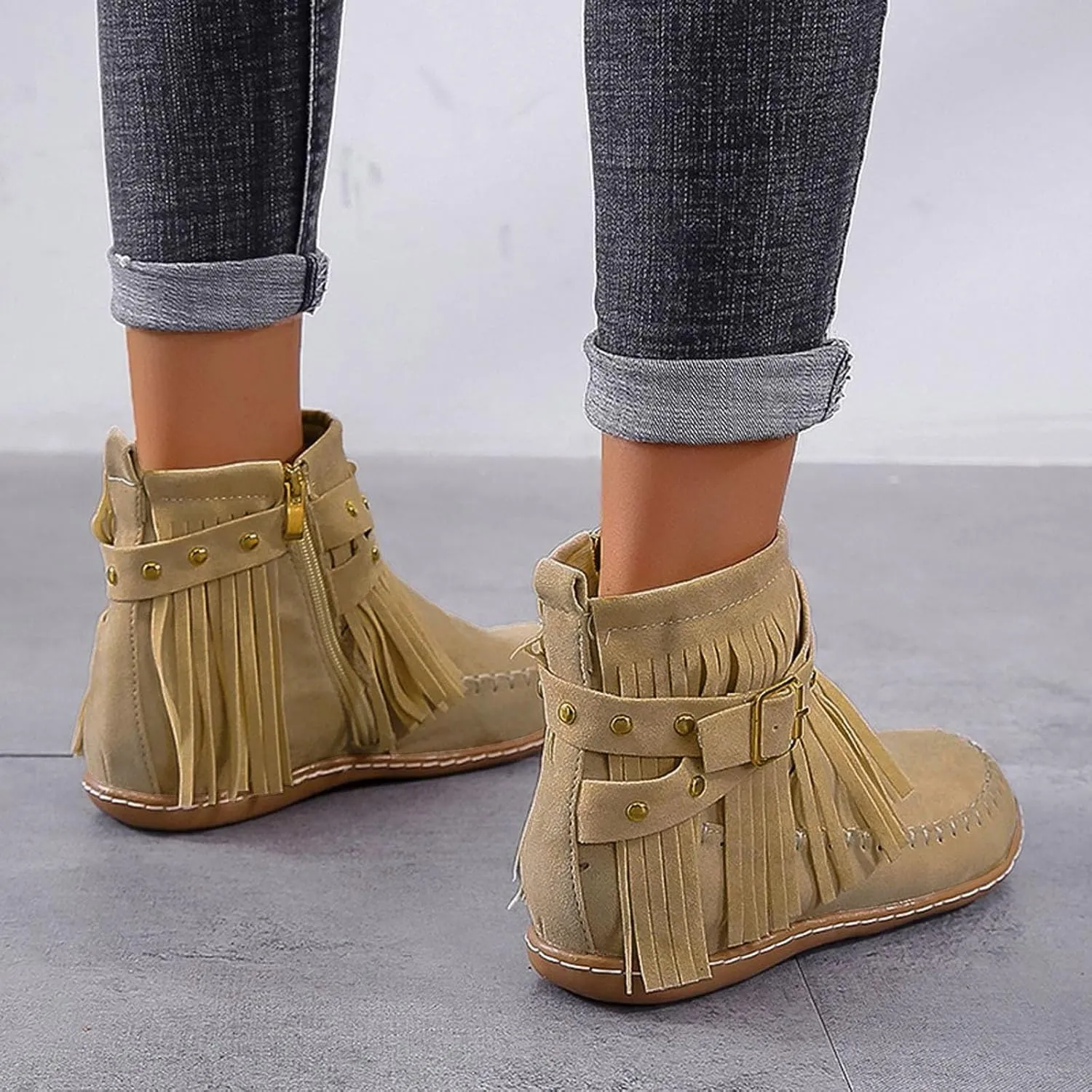 Snow Boots for Women Casual Fringe Faux Suede Ankle Non Slip Booties Vintage Short Booties Side Zip Flat Winter Boot