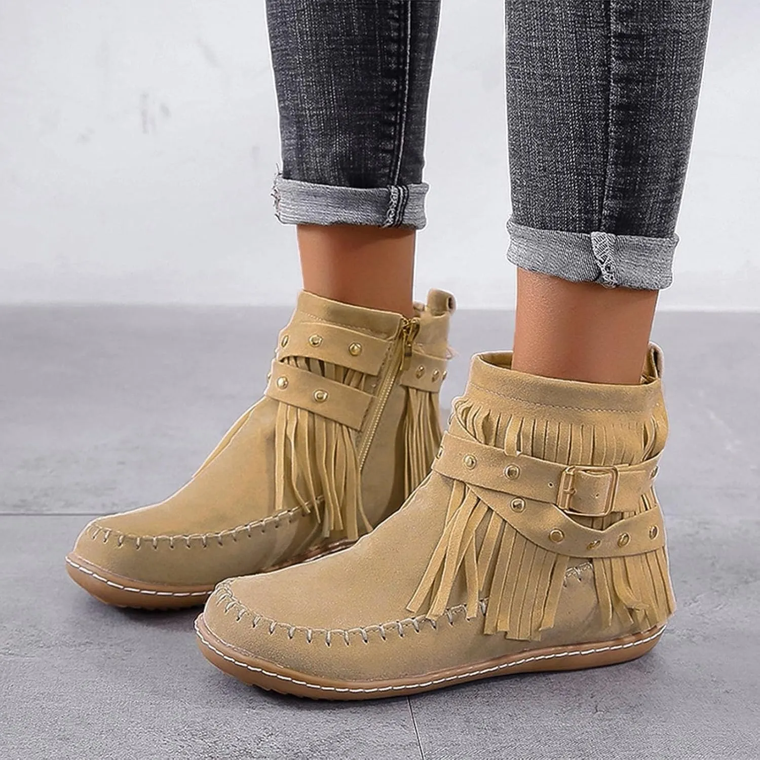 Snow Boots for Women Casual Fringe Faux Suede Ankle Non Slip Booties Vintage Short Booties Side Zip Flat Winter Boot