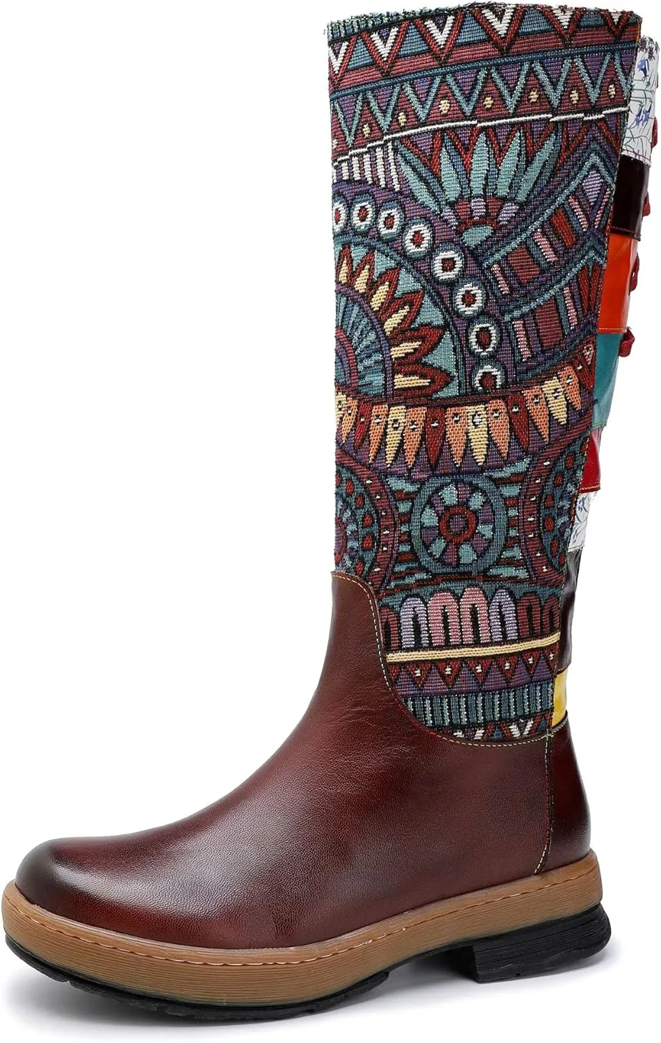 Socofy Womens Leather Knee Long Block Heels Boots, Vintage Bohemian Long Boots Handmade Flat Knee Boots Winter Snow Boots Cowgirls Wide Calf Splicing Pattern Anti Slip Walking Boots for Party Wedding