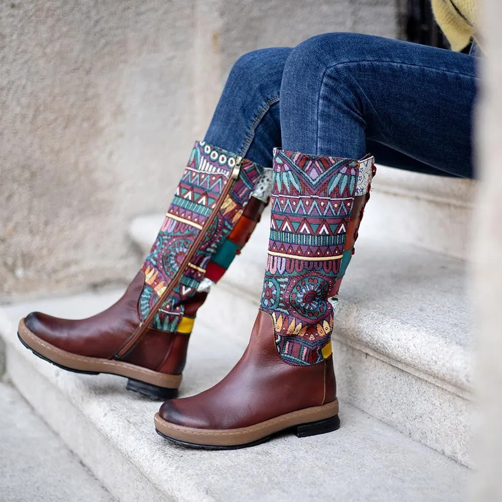 Socofy Womens Leather Knee Long Block Heels Boots, Vintage Bohemian Long Boots Handmade Flat Knee Boots Winter Snow Boots Cowgirls Wide Calf Splicing Pattern Anti Slip Walking Boots for Party Wedding