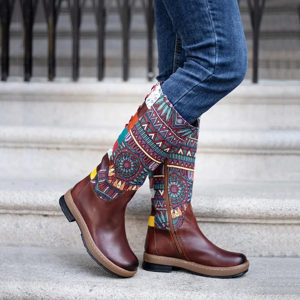 Socofy Womens Leather Knee Long Block Heels Boots, Vintage Bohemian Long Boots Handmade Flat Knee Boots Winter Snow Boots Cowgirls Wide Calf Splicing Pattern Anti Slip Walking Boots for Party Wedding