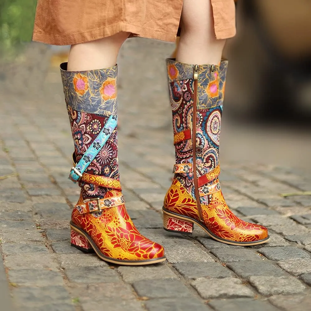 Socofy Womens Leather Knee Long Block Heels Boots, Vintage Bohemian Long Boots Handmade Flat Knee Boots Winter Snow Boots Cowgirls Wide Calf Splicing Pattern Anti Slip Walking Boots for Party Wedding