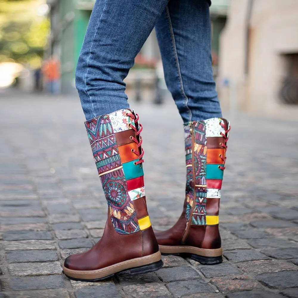Socofy Womens Leather Knee Long Block Heels Boots, Vintage Bohemian Long Boots Handmade Flat Knee Boots Winter Snow Boots Cowgirls Wide Calf Splicing Pattern Anti Slip Walking Boots for Party Wedding