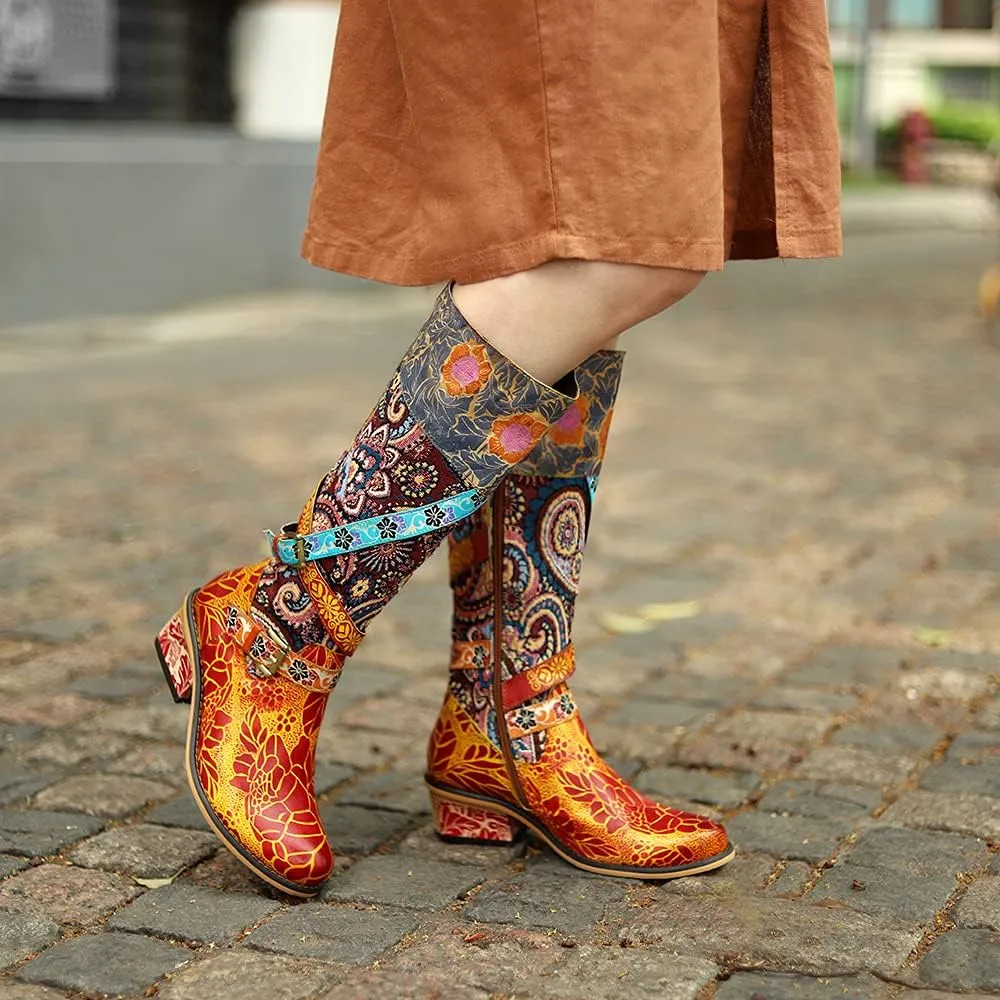 Socofy Womens Leather Knee Long Block Heels Boots, Vintage Bohemian Long Boots Handmade Flat Knee Boots Winter Snow Boots Cowgirls Wide Calf Splicing Pattern Anti Slip Walking Boots for Party Wedding
