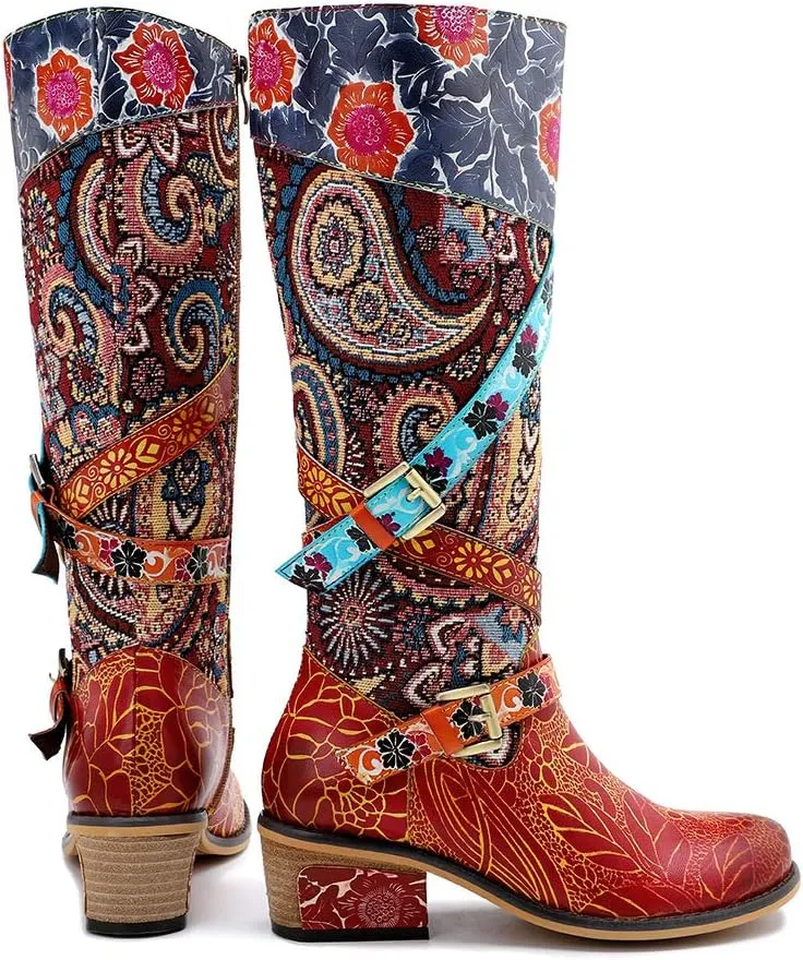 Socofy Womens Leather Knee Long Block Heels Boots, Vintage Bohemian Long Boots Handmade Flat Knee Boots Winter Snow Boots Cowgirls Wide Calf Splicing Pattern Anti Slip Walking Boots for Party Wedding