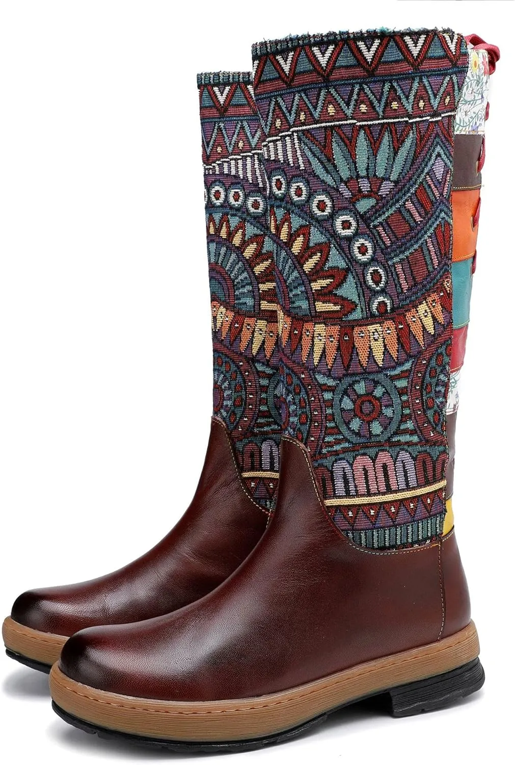 Socofy Womens Leather Knee Long Block Heels Boots, Vintage Bohemian Long Boots Handmade Flat Knee Boots Winter Snow Boots Cowgirls Wide Calf Splicing Pattern Anti Slip Walking Boots for Party Wedding